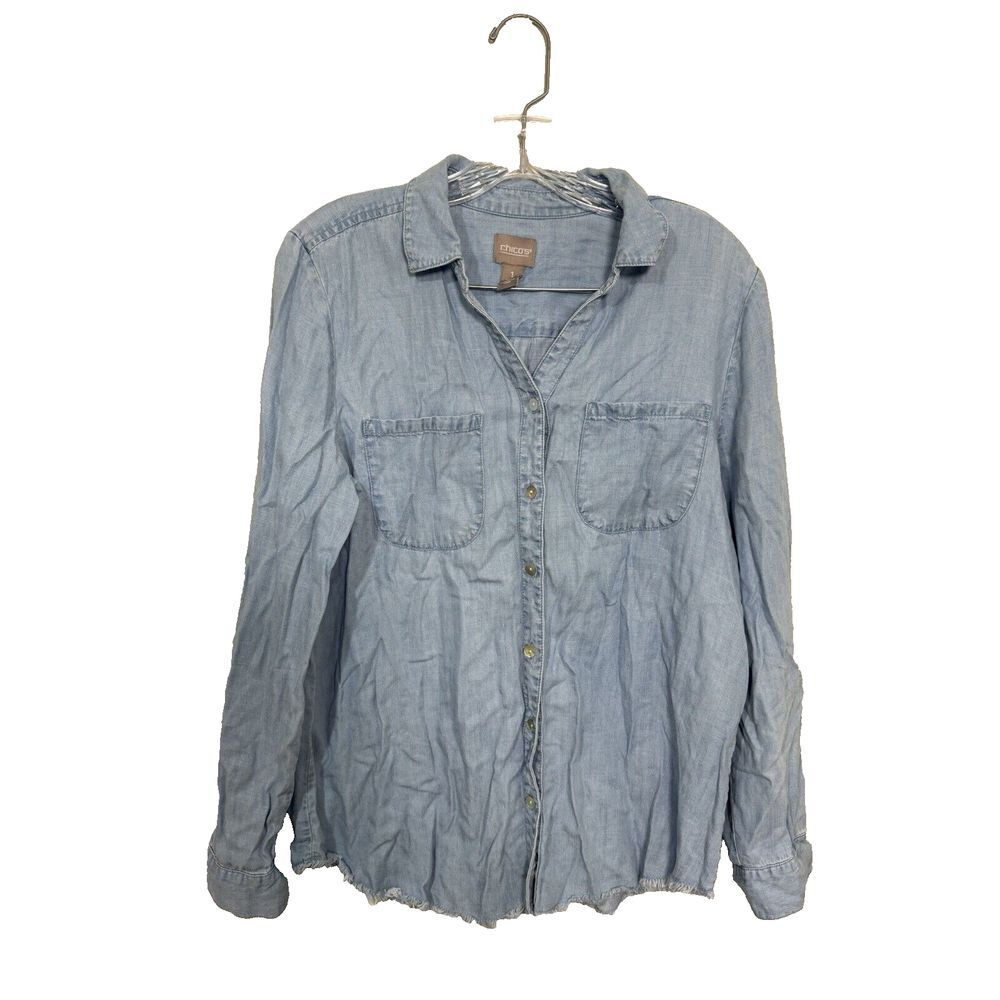 Chico's Women's Top Chambray Button Down Shirt Long Sleeve Size 1-Medium Lyocell